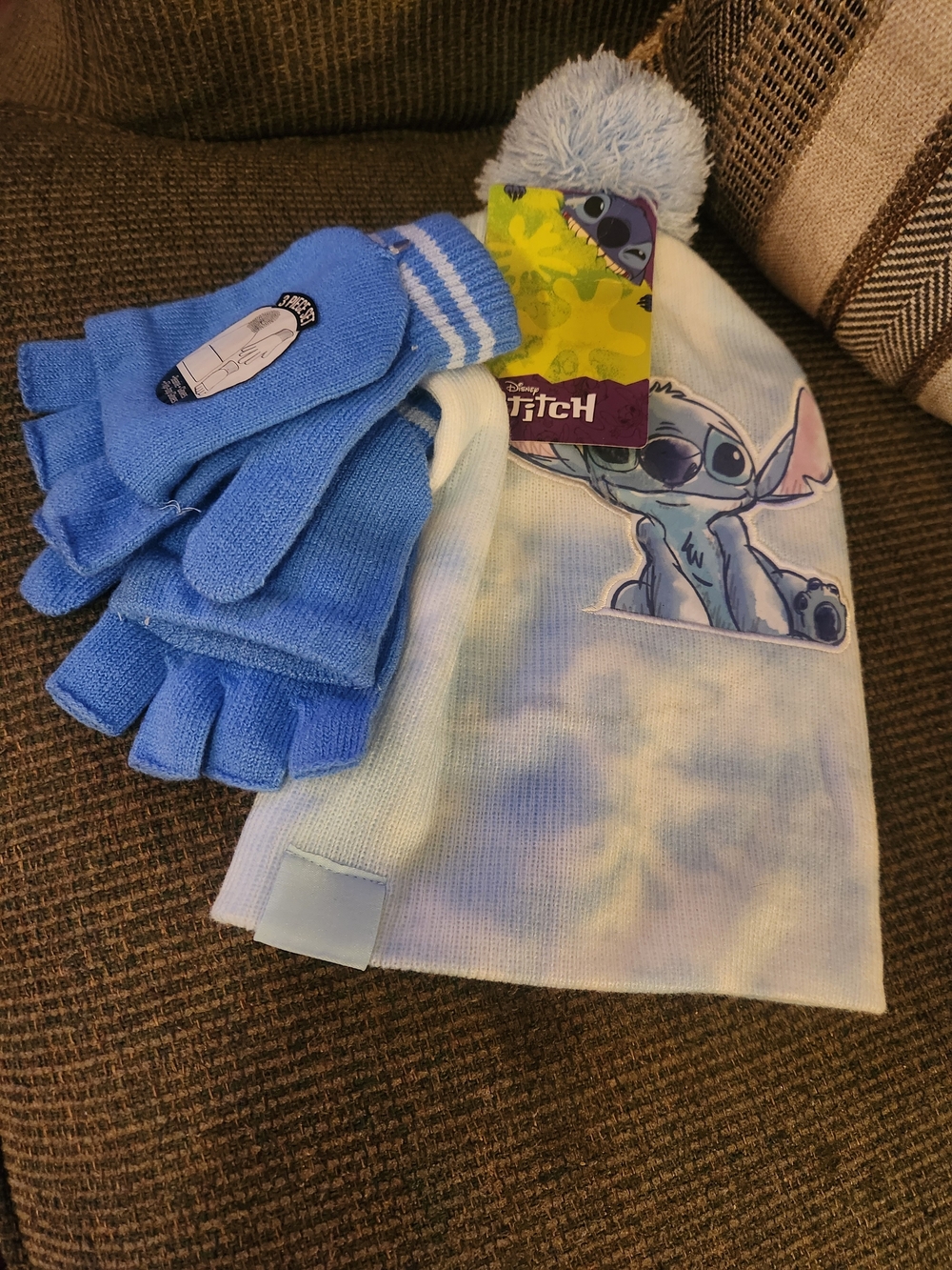 Disney Stitch Light Blue Tie-Dye Beanie w/ Fingerless Gloves And Mittens
